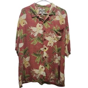 Three Palm Tropical Floral 100% Silk Button Up Hawaiian Shirt Men's Size XL